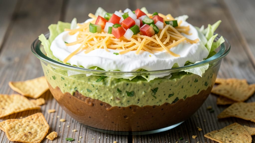 7-Layer Bean Dip Recipe With Guacamole: Crunchy Tortilla Crowns Over Creamy Spiced Layers
