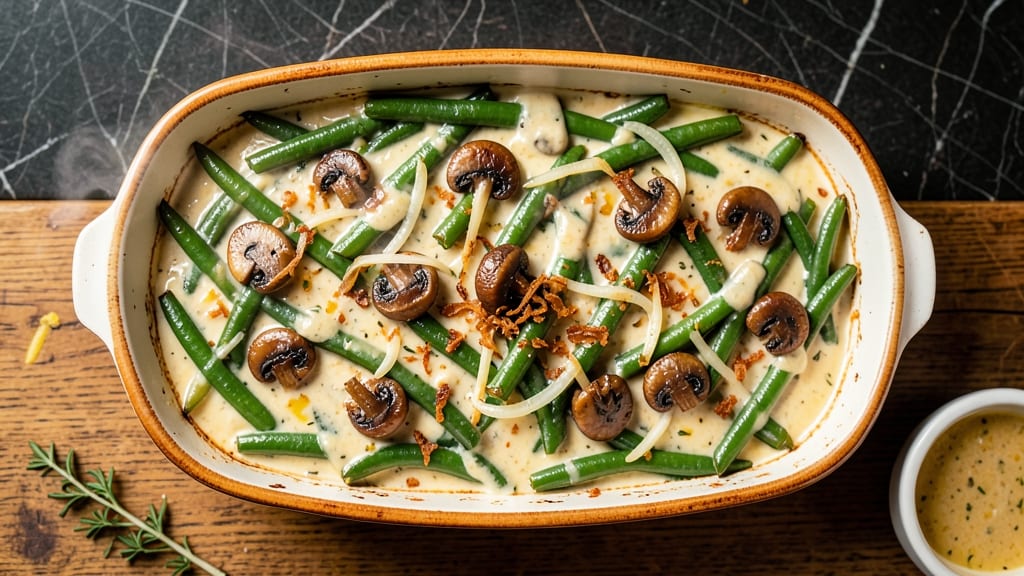 Babish Green Bean Casserole Recipe: Crispy Fried Onion Streaks Over Creamy Mushroom Sauce