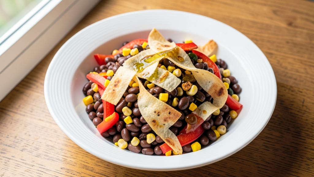 Black Bean Confetti Salad Recipe: Crunchy Tortilla Crowns Over Zesty Lime Vinaigrette