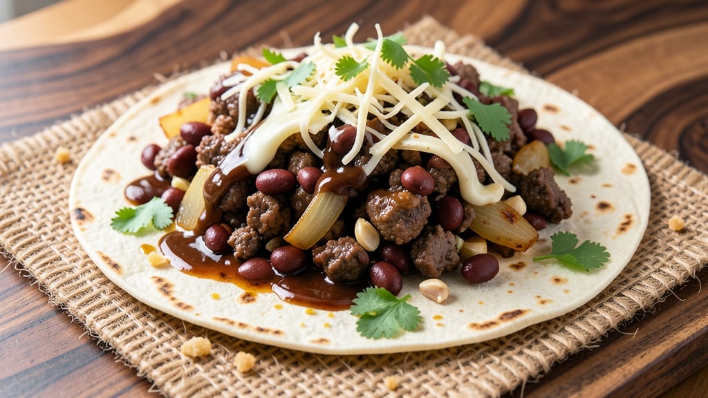 Beef and Black Bean Burrito Recipe: Crispy Tortilla Crowns Over Spiced Cheese Rivers