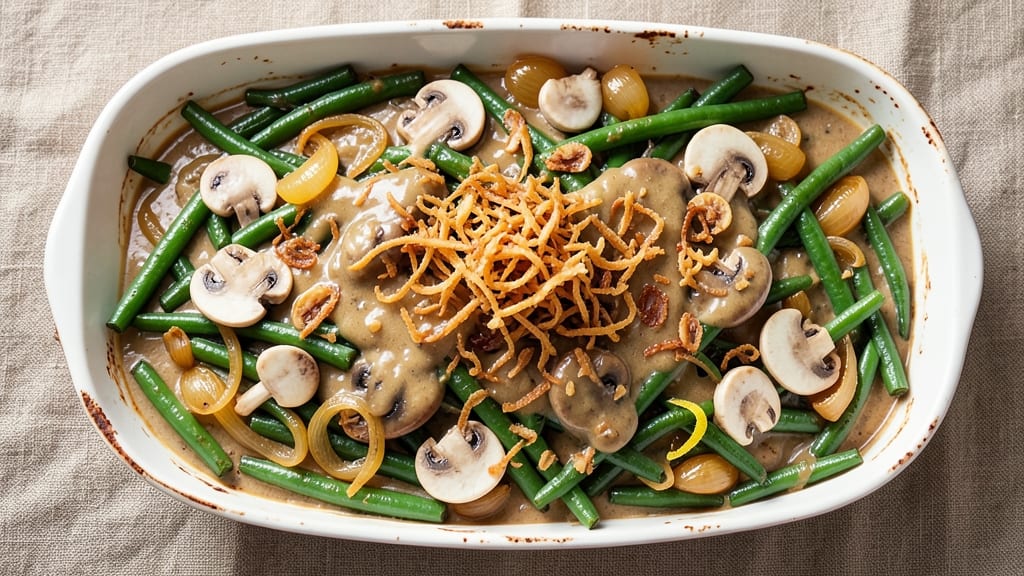 Bobby Flay's Green Bean Casserole Recipe: Crispy French Fried Onions Over Creamy Mushroom Sauce