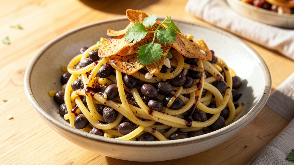 Black Bean Spaghetti Recipe Ideas: Crispy Tortilla Crowns Over Creamy Spiced Beans