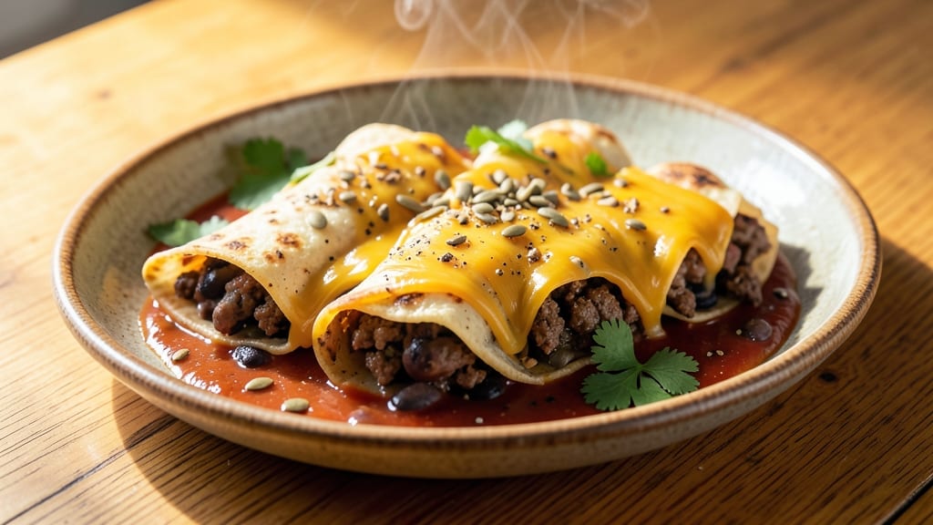 Beef Bean and Cheese Enchiladas Recipe: Crispy Tortilla Crowns Over Melty Cheddar Layers