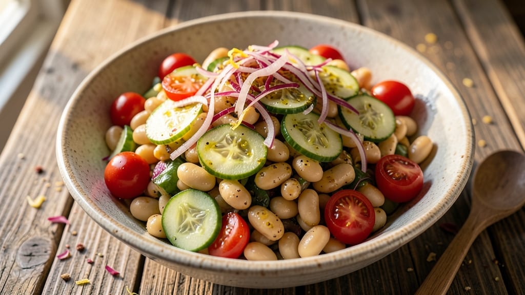 Antipasto Dense Bean Salad Recipe: Crunchy Topped With Salty Cheese and Herbs