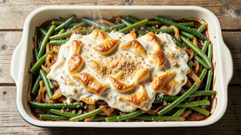 Bulk Green Beans Casserole Recipe: Crispy Fried Onion Crowns Over Creamy Mushroom Streaks
