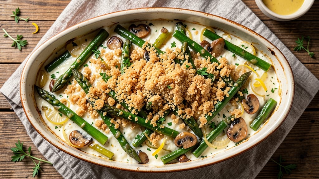 Asparagus and Green Bean Casserole Recipe: Crispy Fried Onion Streaks Over Creamy Mushroom Sauce