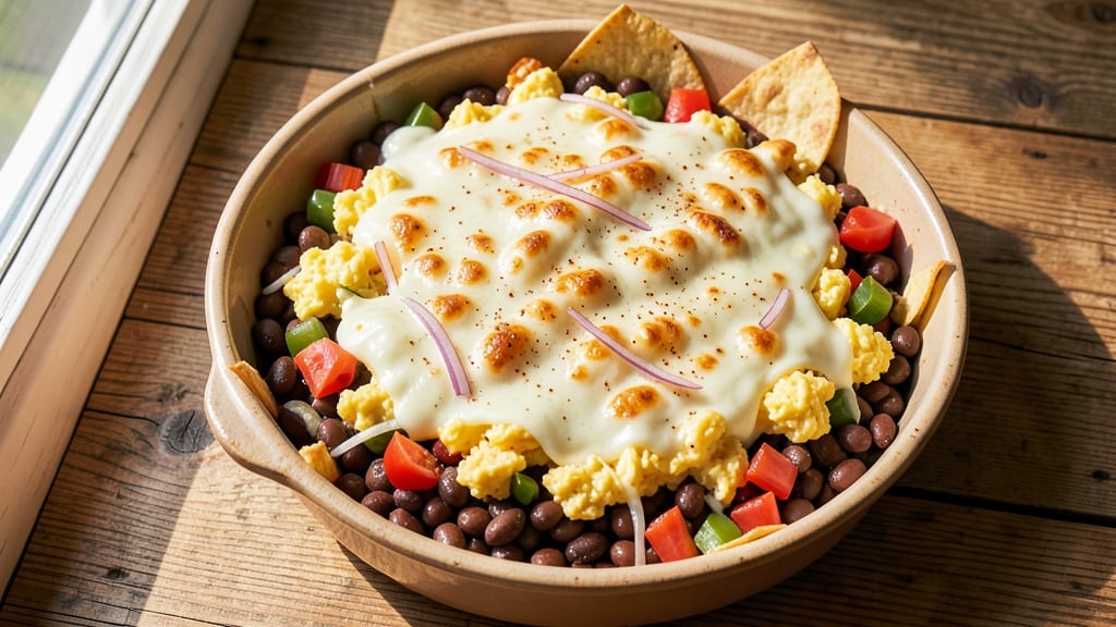 Black Bean and Egg Bake Recipe: Crispy Tortilla Crowns Over Velvety Cheese Rivers