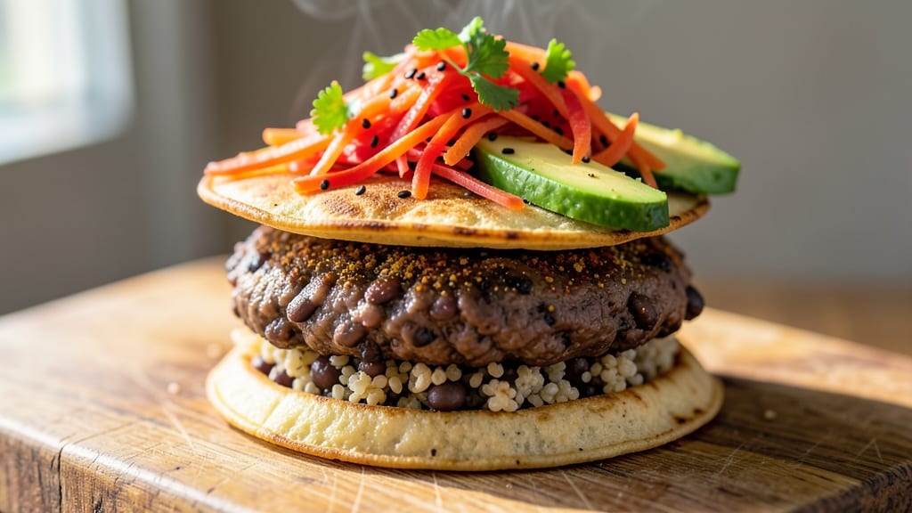 Bean and Rice Burger Recipe: Spiced Black Bean and Quinoa Patties With Crispy Corn Tortilla Crowns