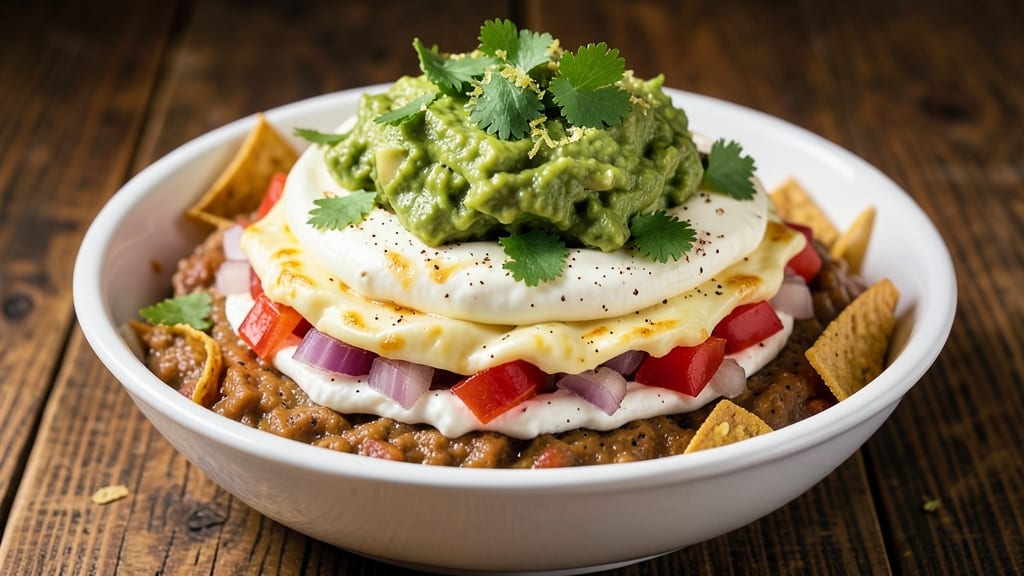 7 Layer Taco Bean Dip Recipe: Crunchy Tortilla Crowns Over Melty Cheese Streaks