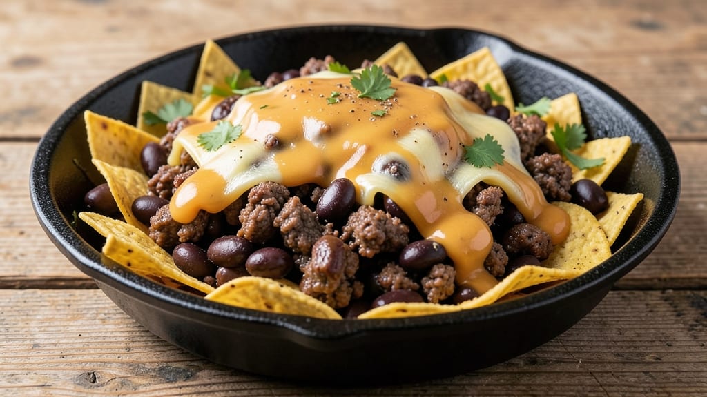 Beef and Bean Nachos Recipe: Crispy Tortilla Crowns Over Melty Cheese and Spiced Beans
