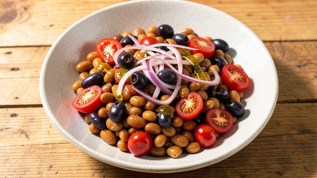 Bush's Greek Dense Bean Salad Recipe: Crunchy Tortilla Crowns Over Herbed Feta Streaks