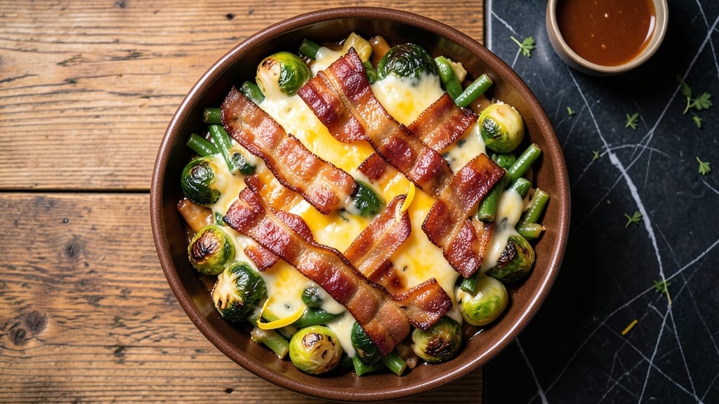 Bacon-Brussels Sprout-Green Bean Casserole Recipe: Crispy Bacon Top and Creamy Cheese Layers