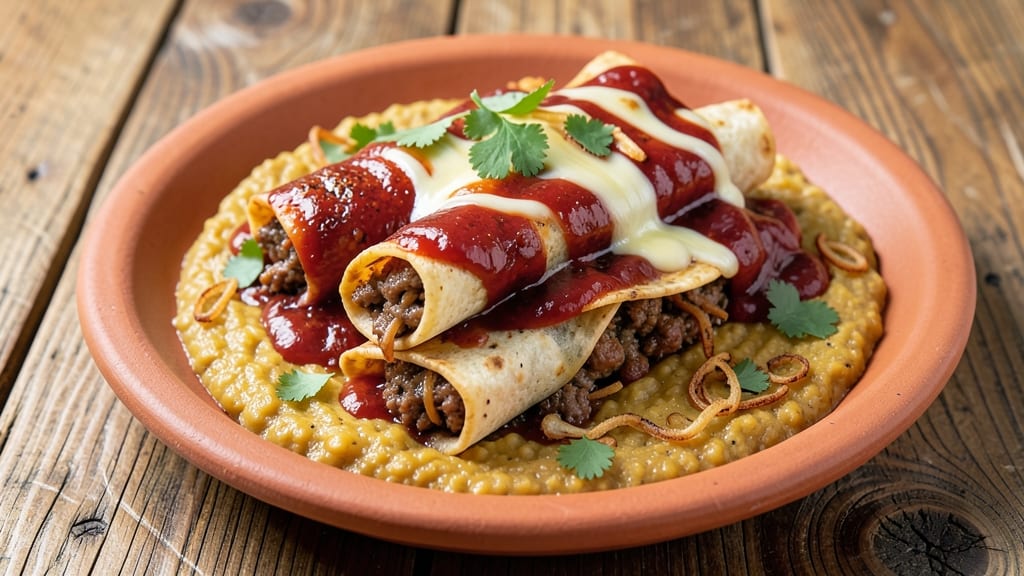 Beef and Refried Bean Enchiladas Recipe: Smoky Cumin Crust Over Melty Cheese Layers