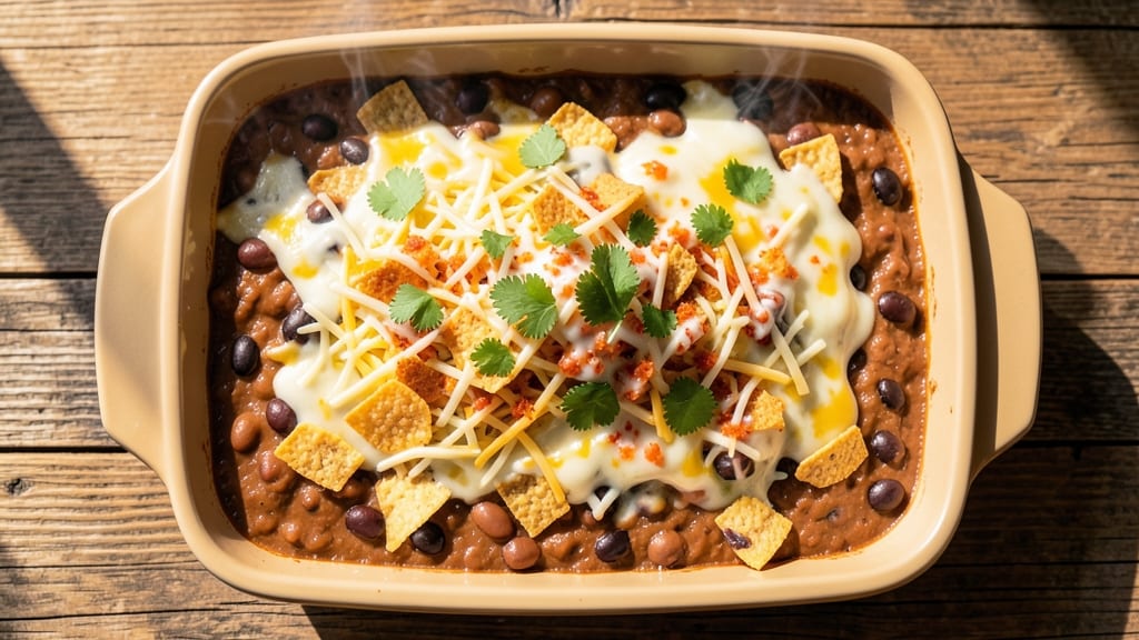 Bean and Cheese Casserole Recipe: Baked Tortilla Crunch With Three-Cheese Gooeyness