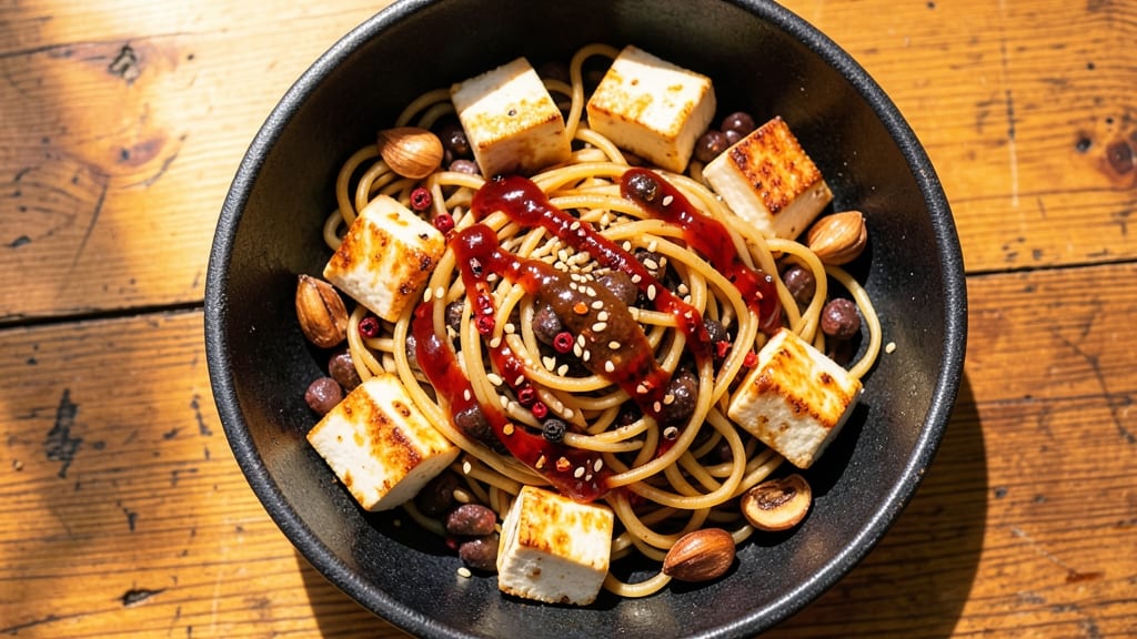 Black Bean Fire Noodles Recipe: Smoky Chili-Crusted Crunch Over Silky Beans
