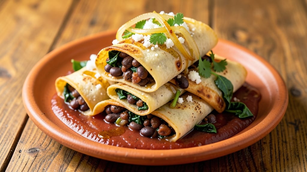 Black Bean and Spinach Enchiladas Recipe: Crispy Tortilla Crowns Over Creamy Spiced Filling